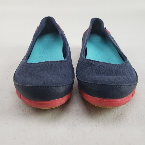 Crocs Skimmer Slip On Shoe Womens 7 Blue Comfort Stretch Sole Canvas Flat - Picture 3 of 10